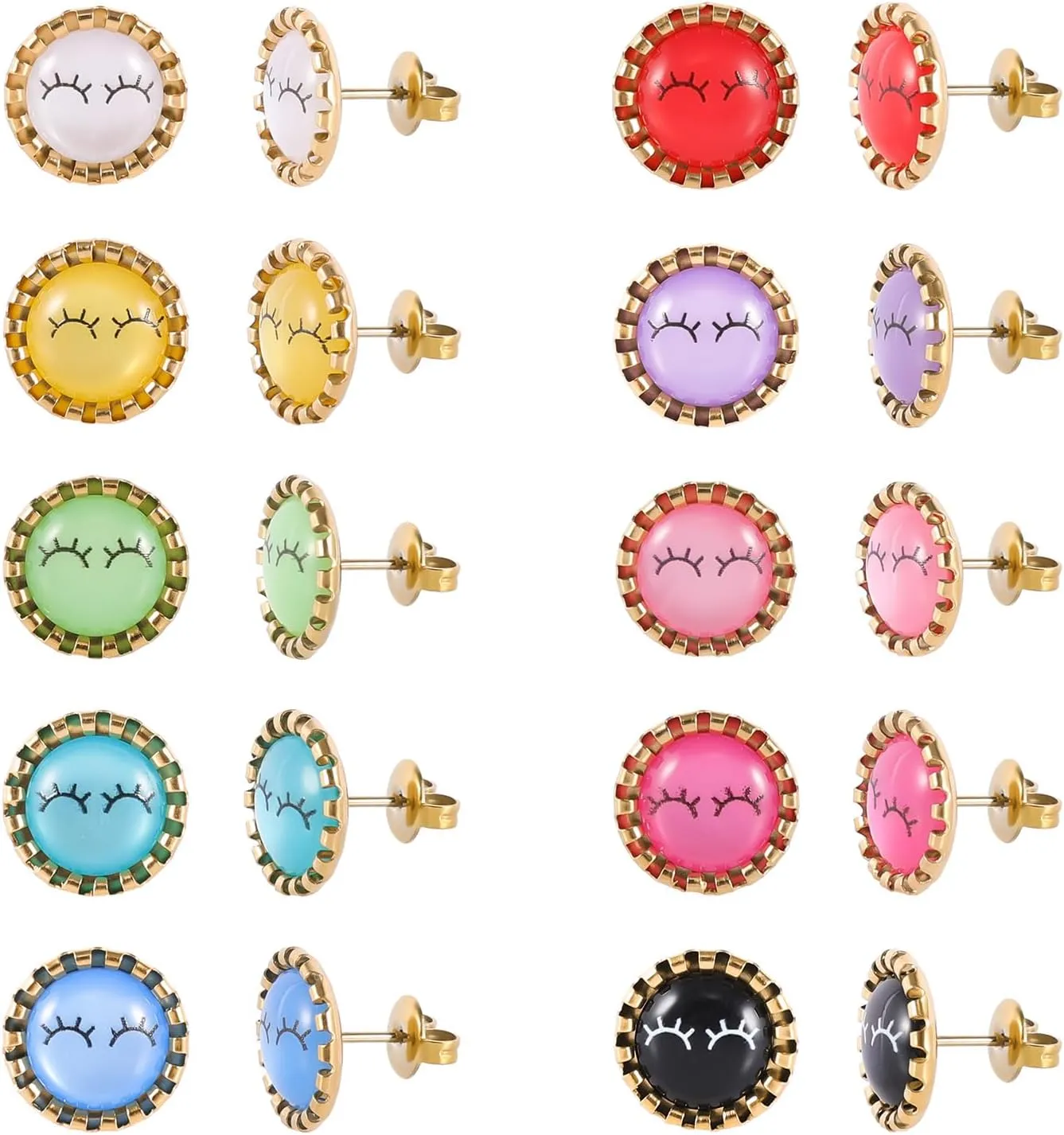 12 Pairs Colored Cat's Eye Gemstone Stud Earrings, 18K Gold Plated Surgical Stainless Steel Multicolor Gem Stone Stud Earrings Set for Women