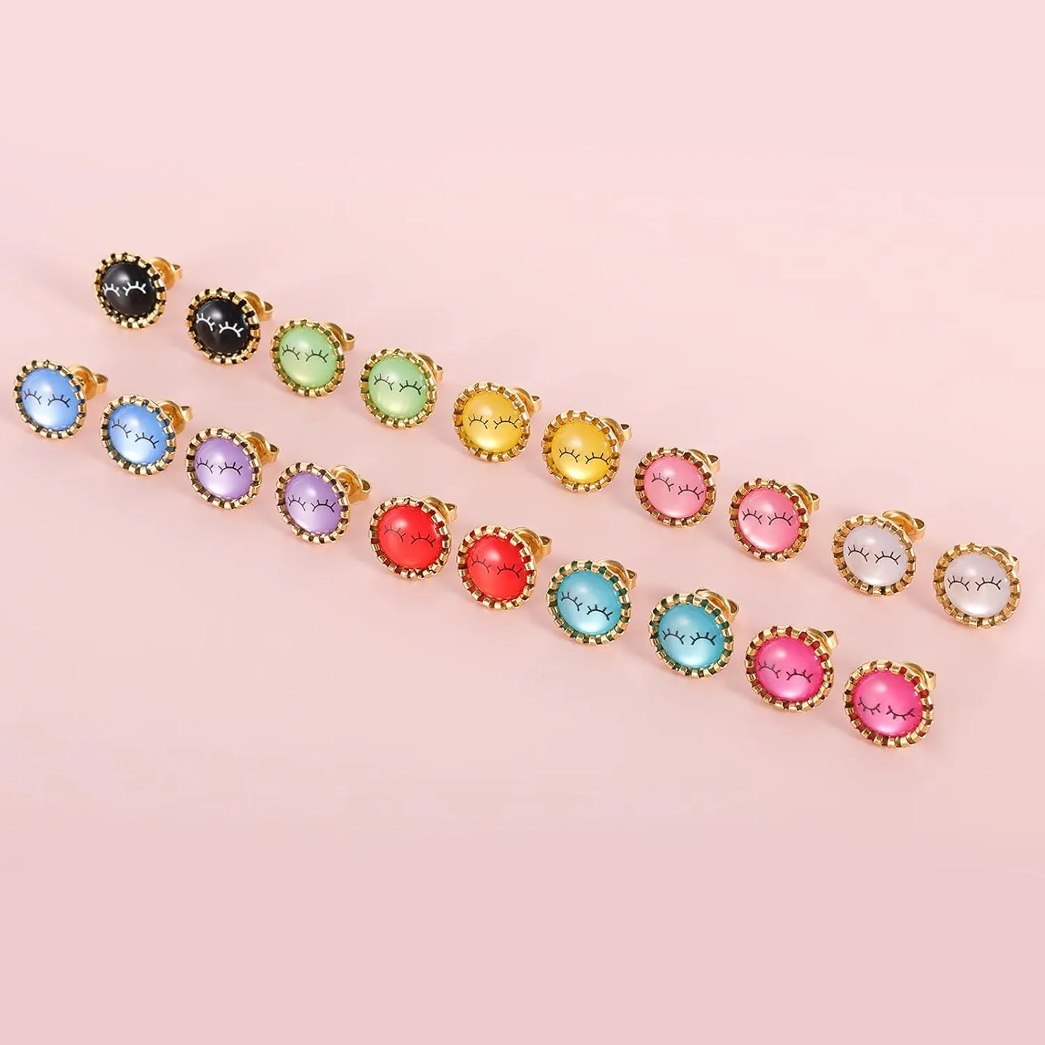 12 Pairs Colored Cat's Eye Gemstone Stud Earrings, 18K Gold Plated Surgical Stainless Steel Multicolor Gem Stone Stud Earrings Set for Women