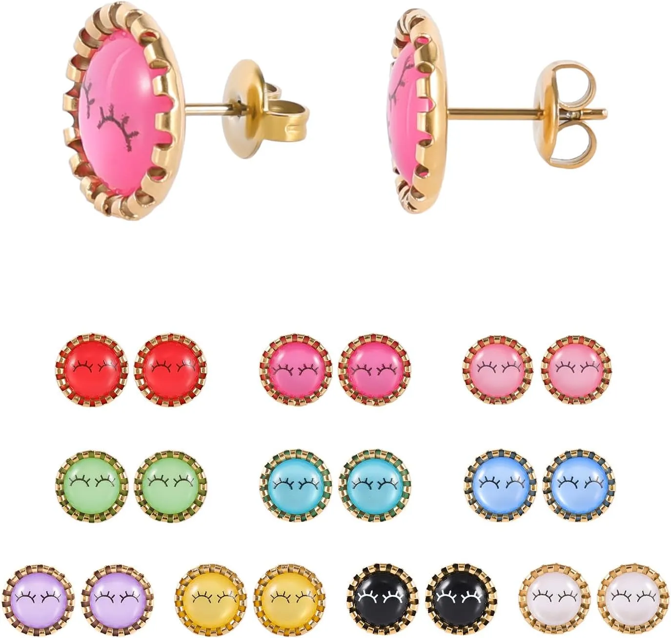 12 Pairs Colored Cat's Eye Gemstone Stud Earrings, 18K Gold Plated Surgical Stainless Steel Multicolor Gem Stone Stud Earrings Set for Women