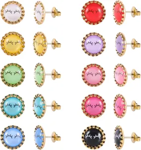12 Pairs Colored Cat's Eye Gemstone Stud Earrings, 18K Gold Plated Surgical Stainless Steel Multicolor Gem Stone Stud Earrings Set for Women