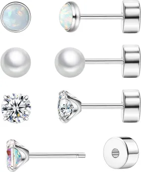14K Gold Flat Back Earrings Threadless Cartilage Earrings Studs Hypoallergenic Titanium Steel Push in Flatback Earrings for Women Pearl Opal CZ Nap Earrings for Tragus Helix Piercing
