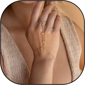 14K Gold Hand Chain Boho Finger Ring Slave Bracelet Dainty bracelet ring hand chain Zircon Hand Jewelry for Women Trendy Summer Essentials Stuff Fashion Jewelry for Women and Girls Gifts