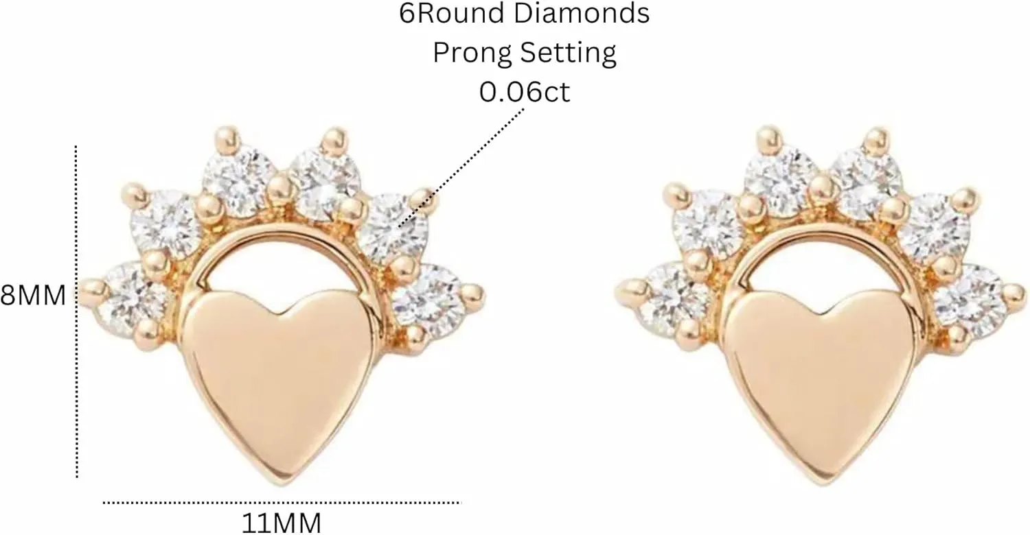 14K Gold Small Love Flower Stud Earrings, Tiny Heart Diamond (0.12ct) Stud Earring, Minimalist Stud, Cartilage Piercing, Body Jewelry, Gift For Her.