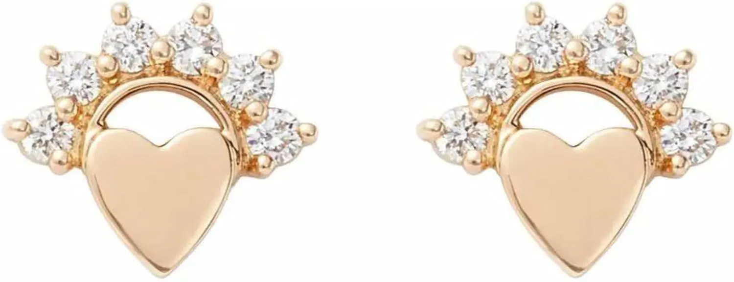 14K Gold Small Love Flower Stud Earrings, Tiny Heart Diamond (0.12ct) Stud Earring, Minimalist Stud, Cartilage Piercing, Body Jewelry, Gift For Her.