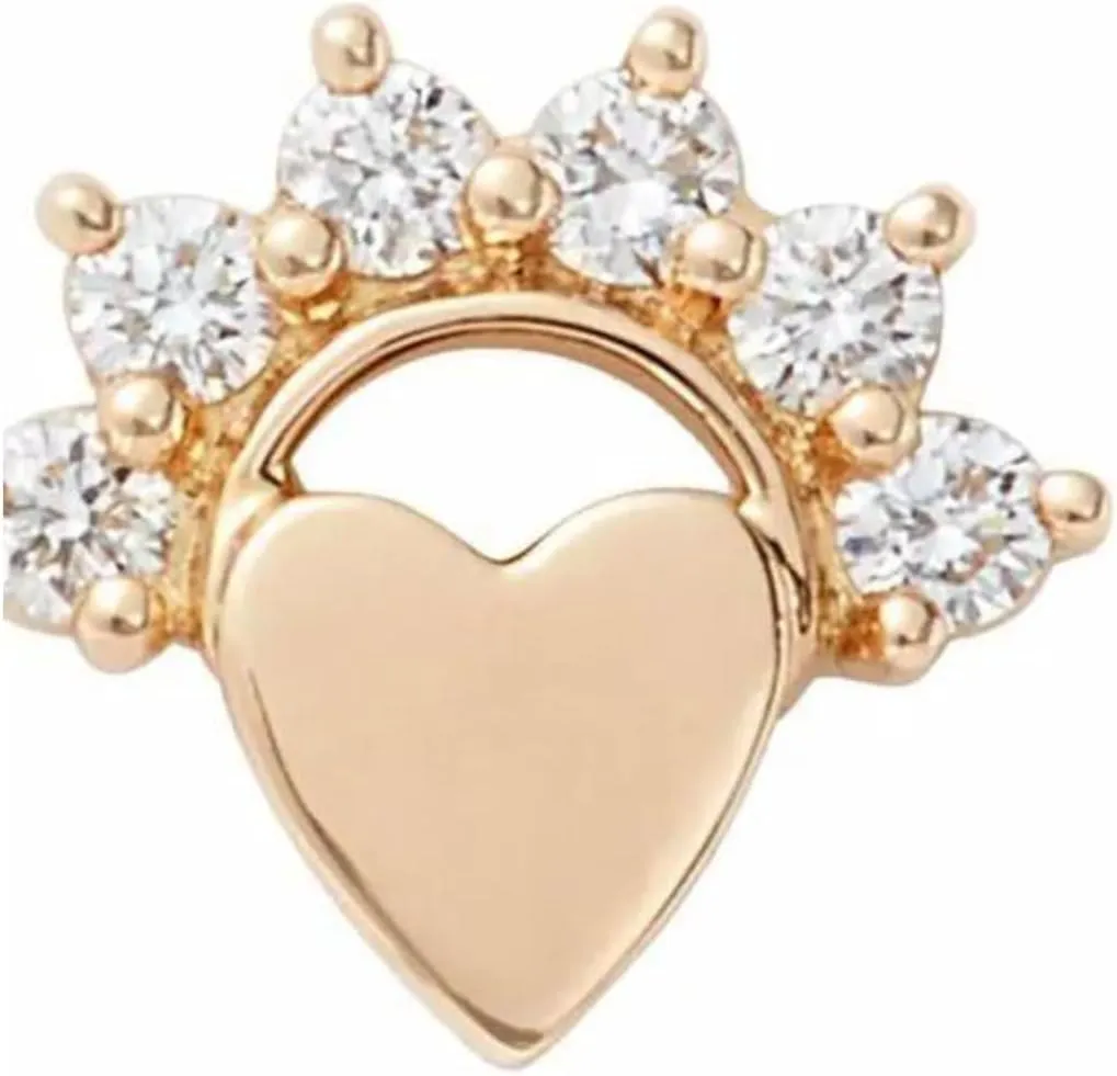 14K Gold Small Love Flower Stud Earrings, Tiny Heart Diamond (0.12ct) Stud Earring, Minimalist Stud, Cartilage Piercing, Body Jewelry, Gift For Her.
