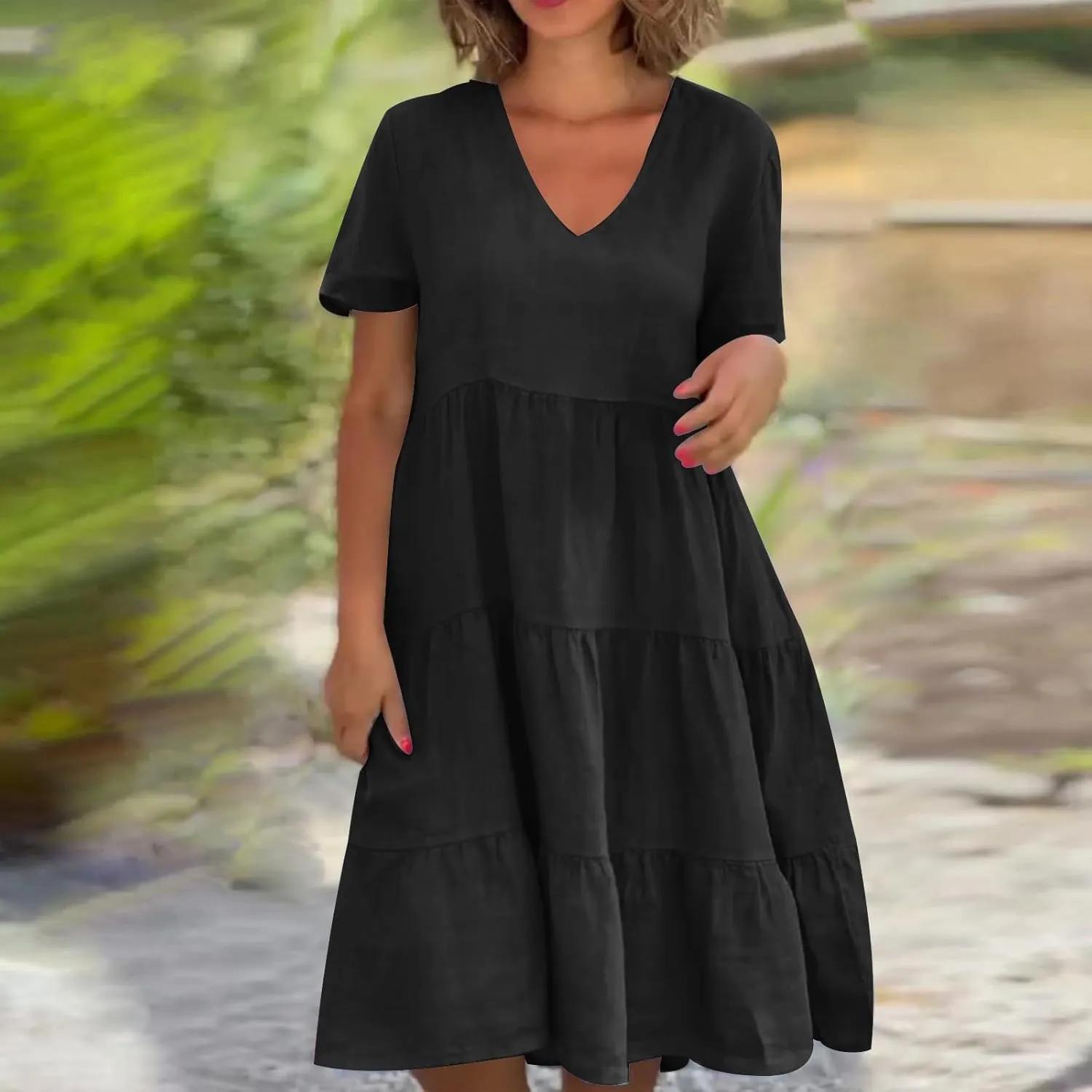 2024 Summer Dress for Women Plus Size Casual V Neck Short Sleeve Tiered Dress Swing Midi Dress A-Line Party Dresses