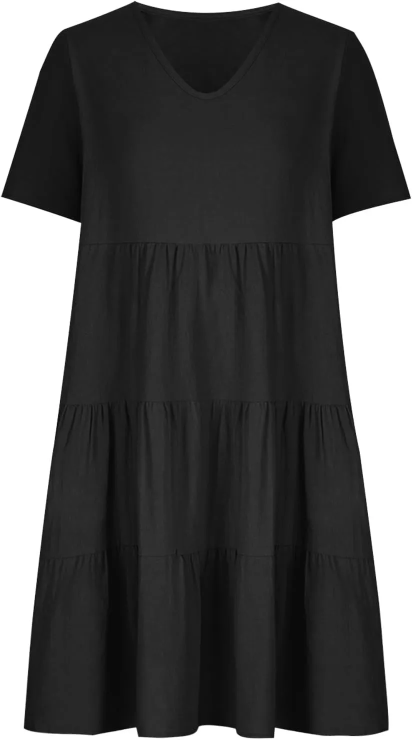 2024 Summer Dress for Women Plus Size Casual V Neck Short Sleeve Tiered Dress Swing Midi Dress A-Line Party Dresses