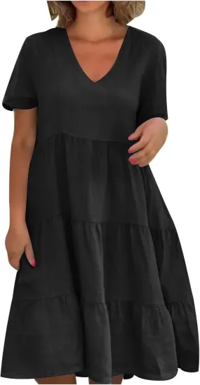 2024 Summer Dress for Women Plus Size Casual V Neck Short Sleeve Tiered Dress Swing Midi Dress A-Line Party Dresses