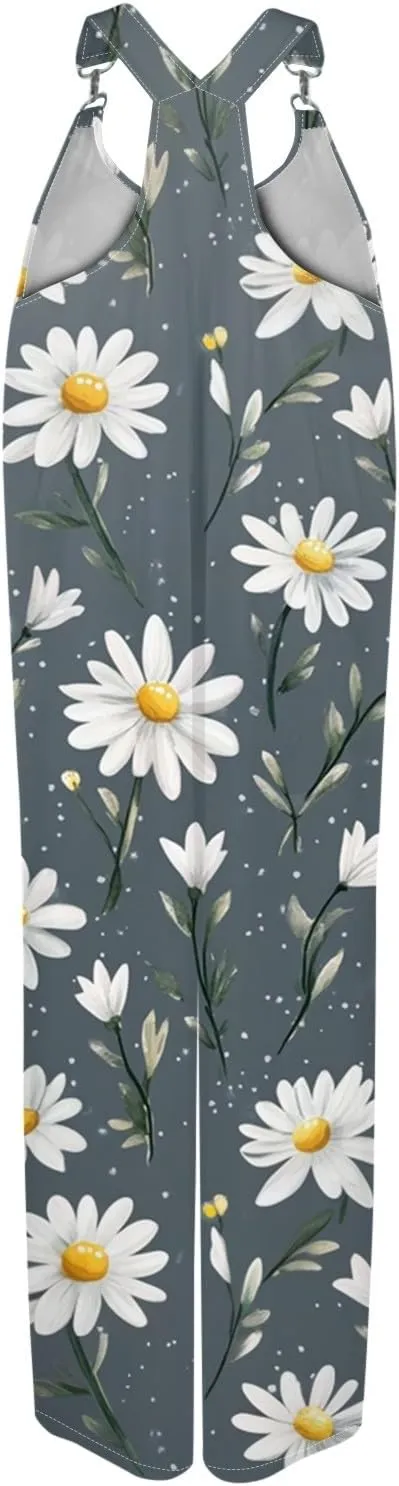2025 Womens Summer Fashion Wide Leg Overalls,Cotton Baggy Jumpsuits Boho Floral Printed Loose Fit Rompers Harem Pants