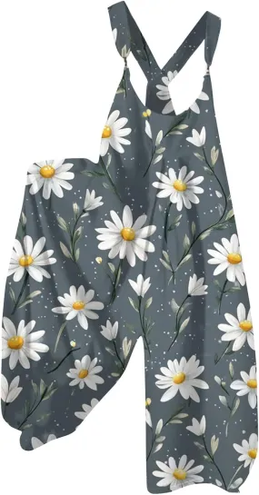 2025 Womens Summer Fashion Wide Leg Overalls,Cotton Baggy Jumpsuits Boho Floral Printed Loose Fit Rompers Harem Pants