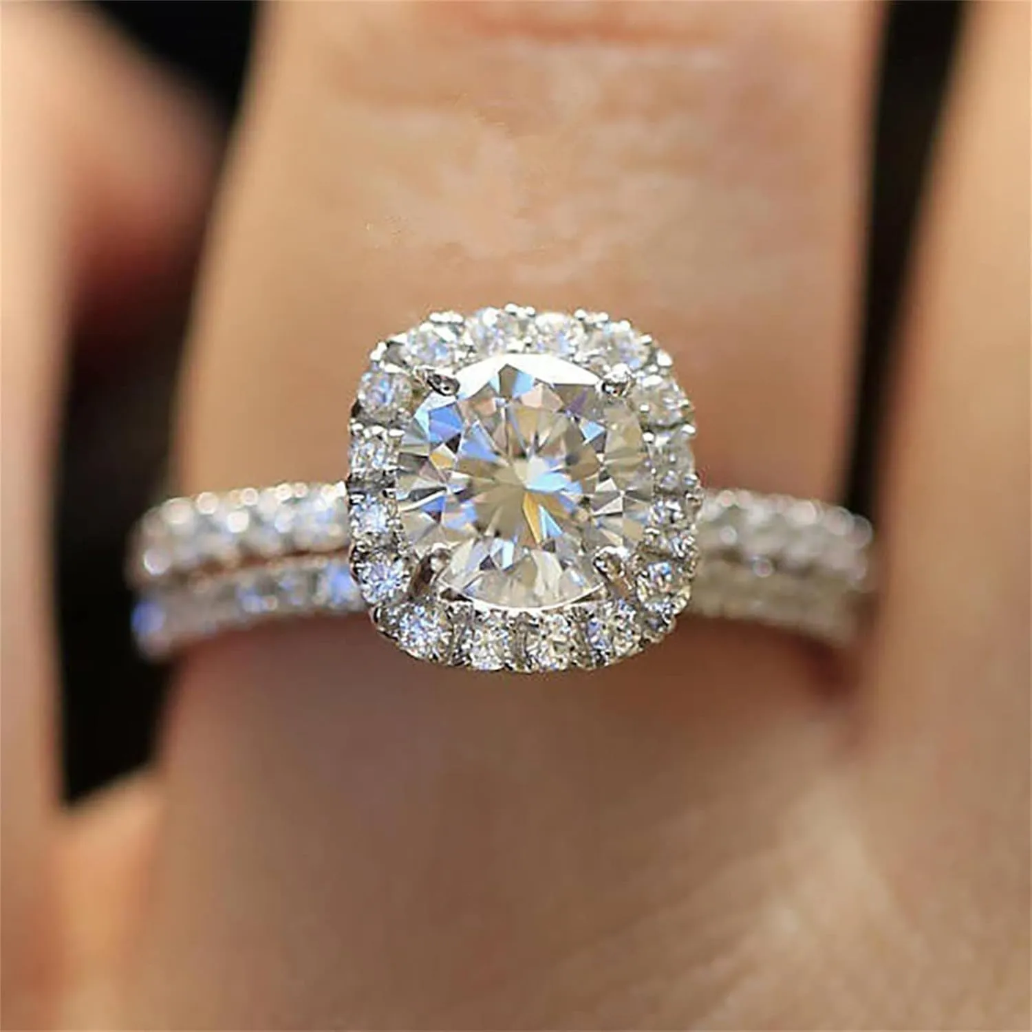 2pc Cushion Square 925 Silver Cubic Zirconia Anniversary Ring for Women Wedding Engagement Ring Sets Valentine's