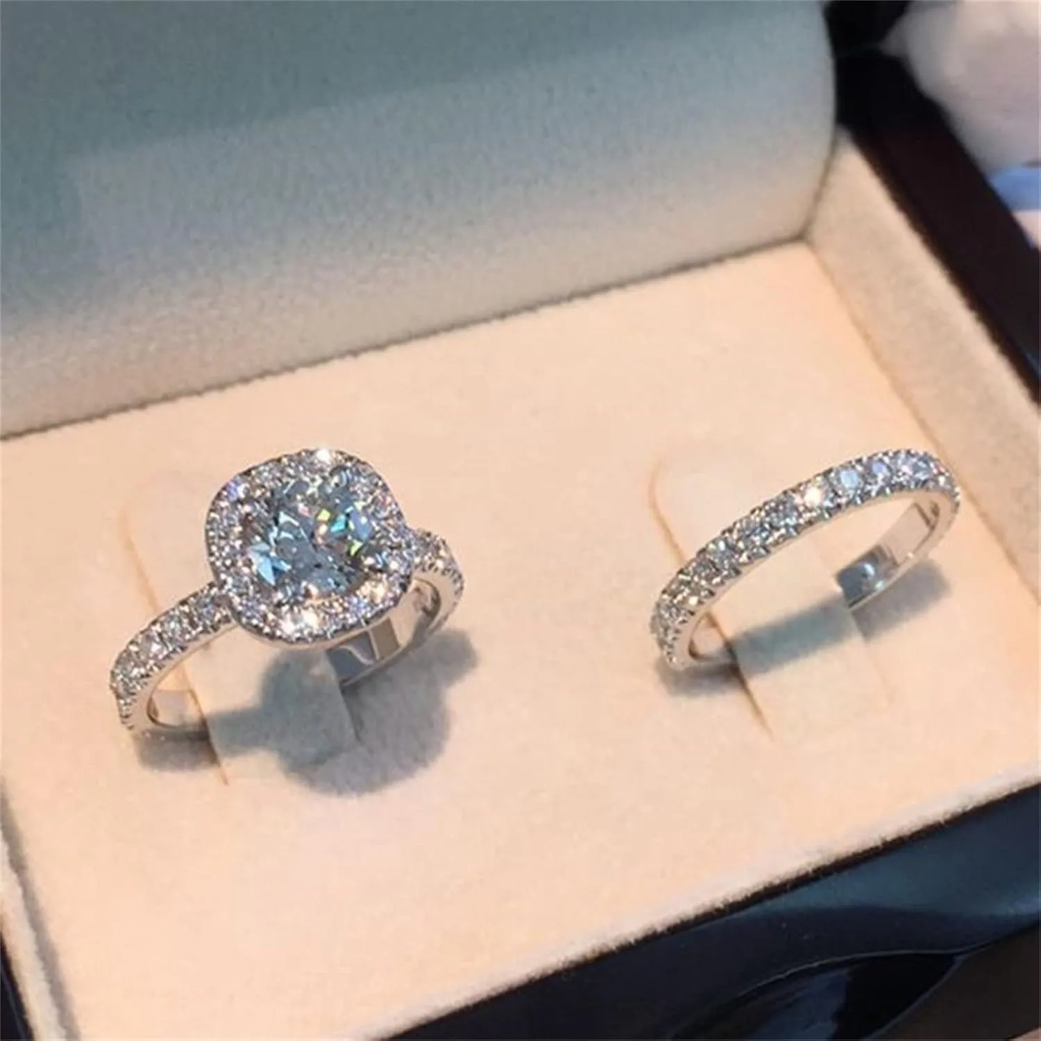 2pc Cushion Square 925 Silver Cubic Zirconia Anniversary Ring for Women Wedding Engagement Ring Sets Valentine's