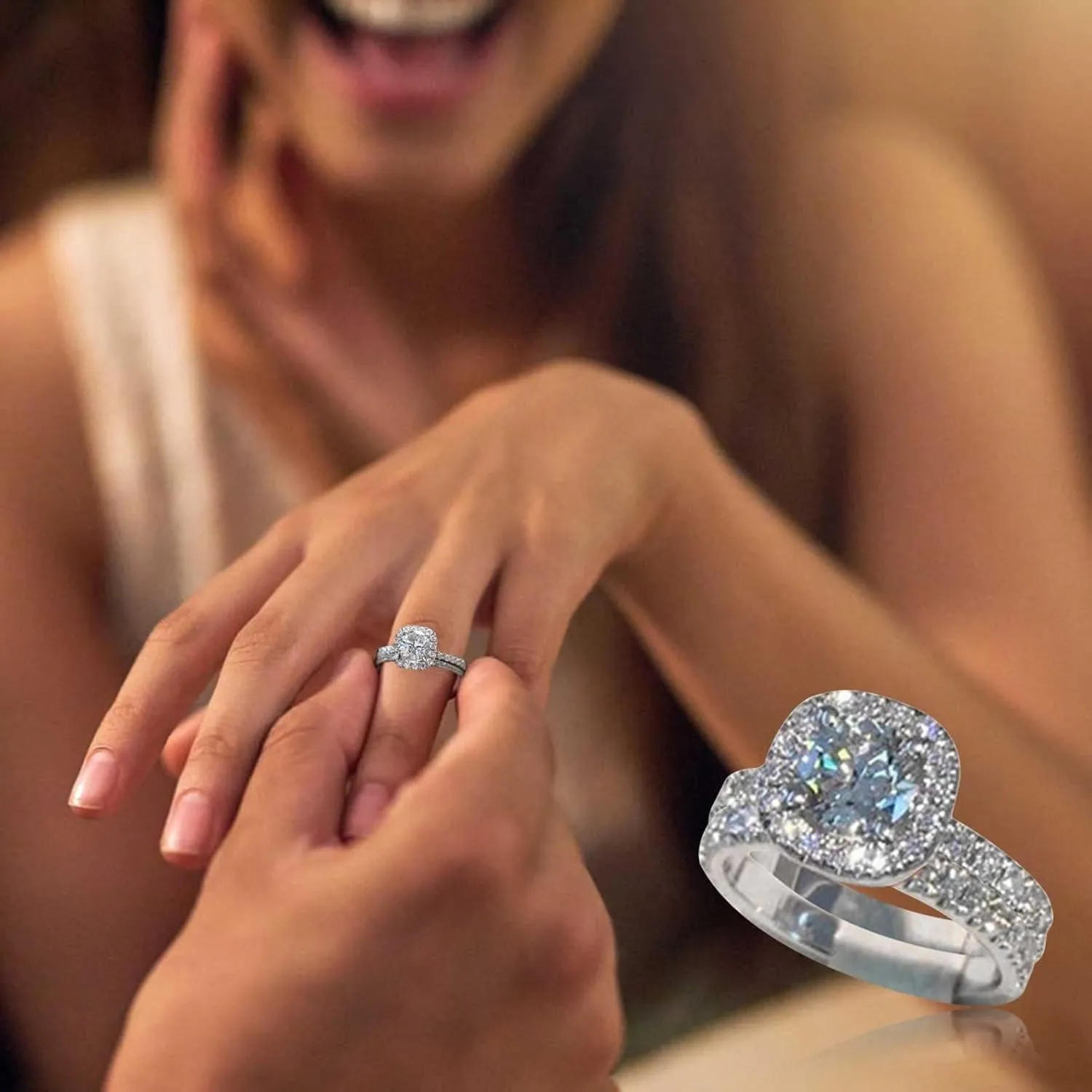 2pc Cushion Square 925 Silver Cubic Zirconia Anniversary Ring for Women Wedding Engagement Ring Sets Valentine's