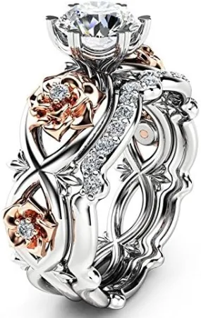 2pcs Bridal Ring Sets Round CZ Engagement Rings Vintage Floral Promise Rings Wedding Bands for Women 925 Silver