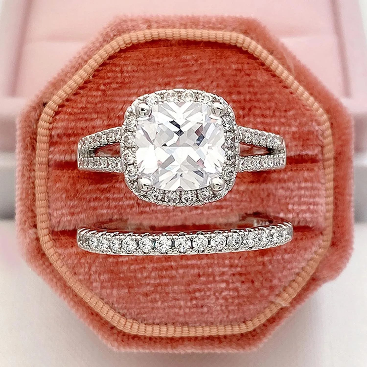 2pcs Couple Ring Full Cubic Zircon Ring Set, Exquisite Stackable Square Zircon Engagement Wedding Rings for Women