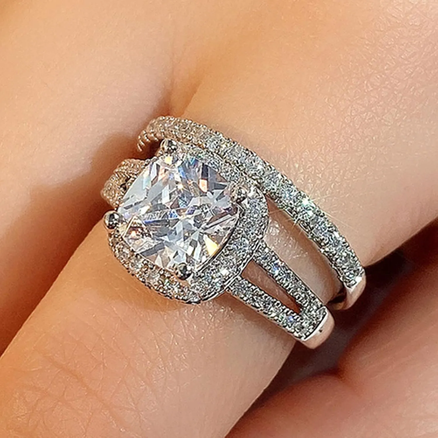 2pcs Couple Ring Full Cubic Zircon Ring Set, Exquisite Stackable Square Zircon Engagement Wedding Rings for Women