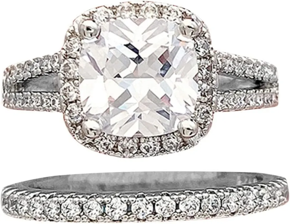 2pcs Couple Ring Full Cubic Zircon Ring Set, Exquisite Stackable Square Zircon Engagement Wedding Rings for Women