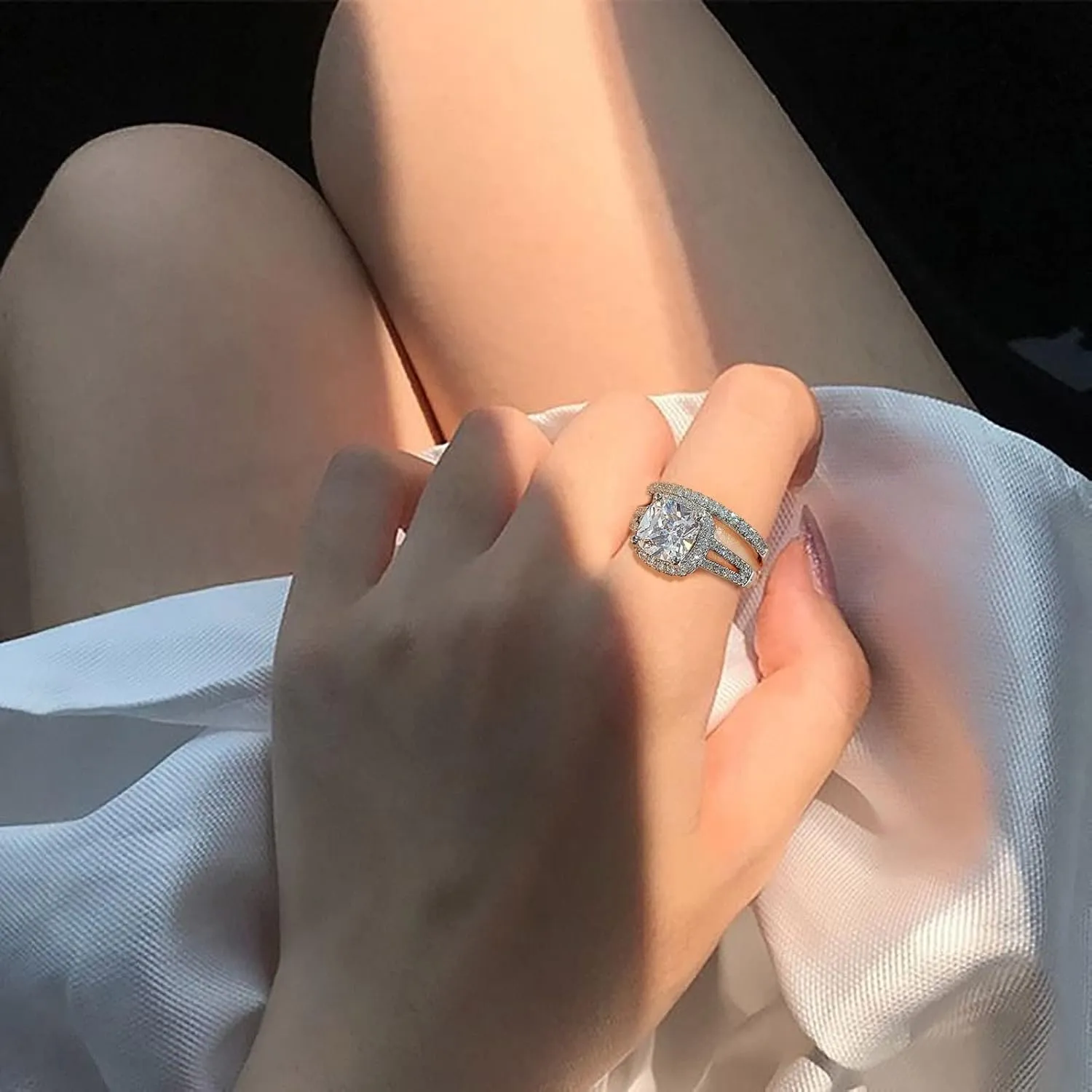 2pcs Couple Ring Full Cubic Zircon Ring Set, Exquisite Stackable Square Zircon Engagement Wedding Rings for Women