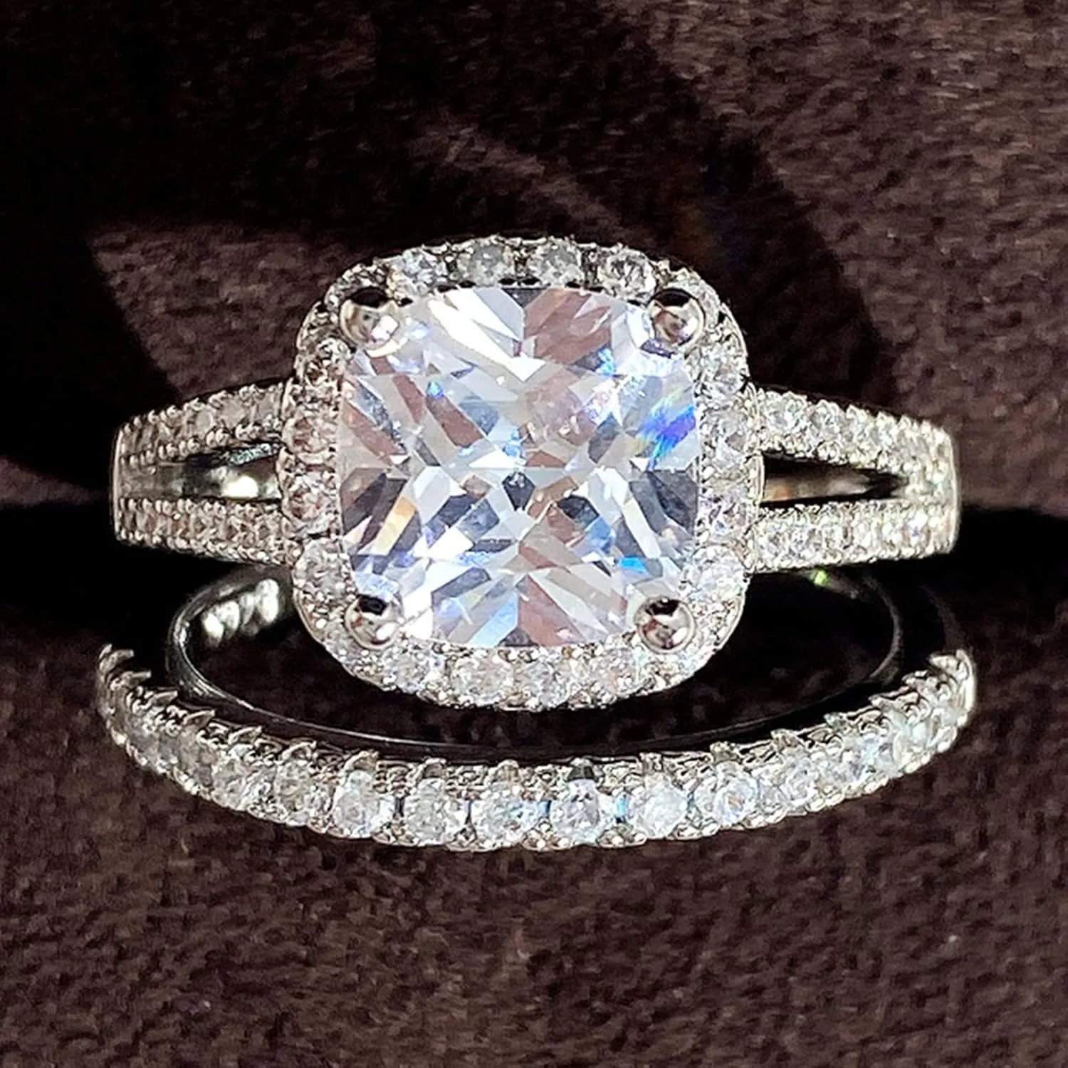 2pcs Couple Ring Full Cubic Zircon Ring Set, Exquisite Stackable Square Zircon Engagement Wedding Rings for Women