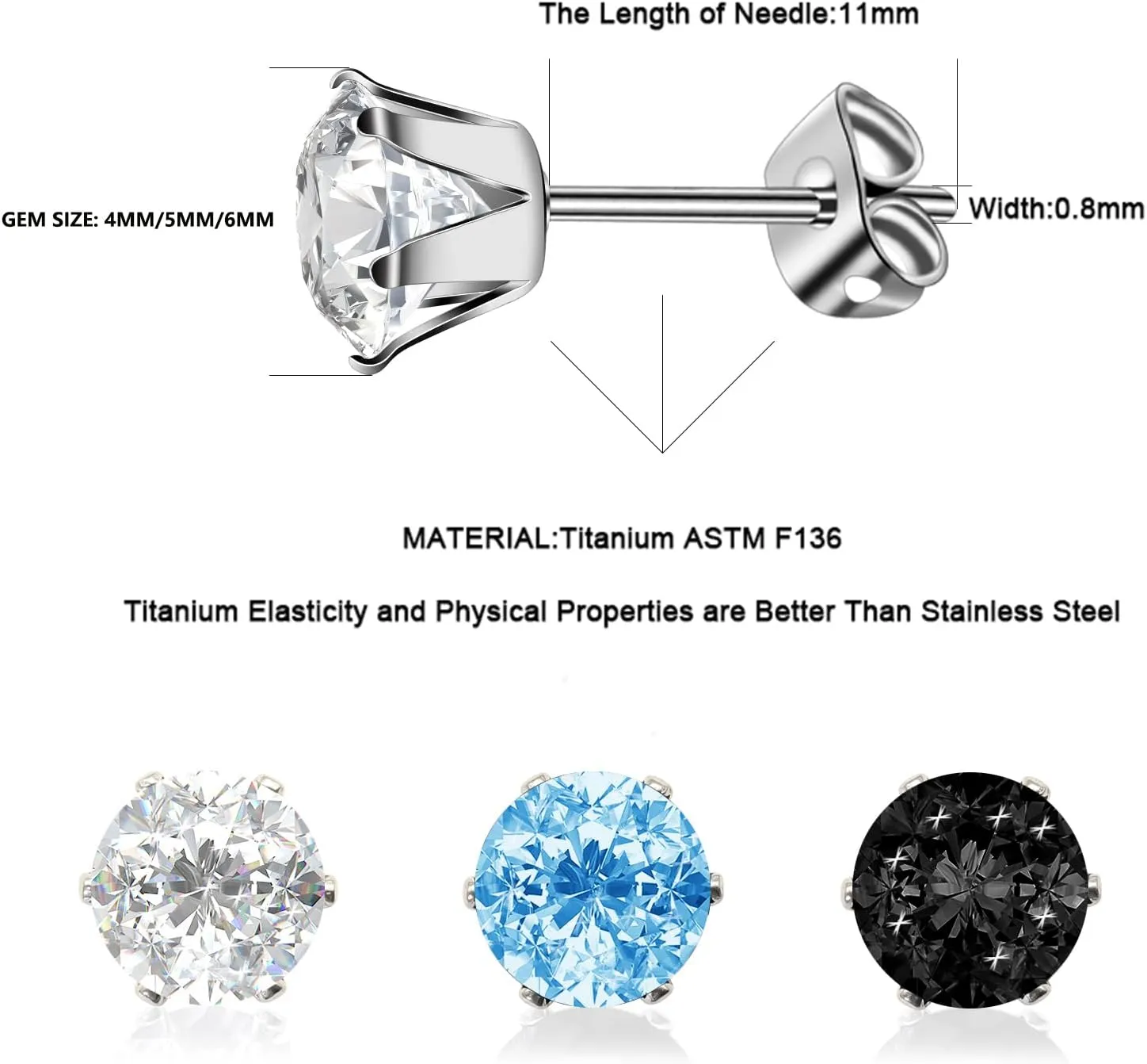 3 Pairs Titanium Earrings 4,5,6 mm Cubic Zirconia Earrings Studs Nickel Free Hypoallergenic Studs Earrings for Women