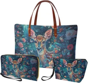 3 PCS Womens Handbag with Matching Wallet, Top Handle Purse with PU Clutch Wallet Purse Cosmetic Case