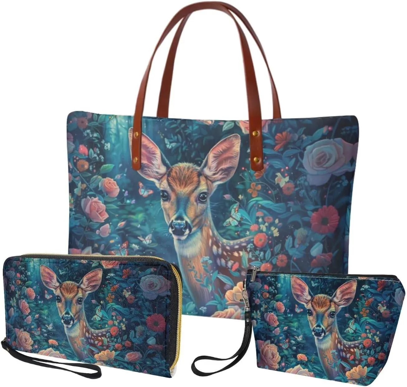 3 PCS Womens Handbag with Matching Wallet, Top Handle Purse with PU Clutch Wallet Purse Cosmetic Case
