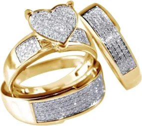 3pcs Exquisite Yellow Gold Women Heart Cut Cubic Zirconia Bridal Ring Set 925 Silver Men Wedding Band Jewelry