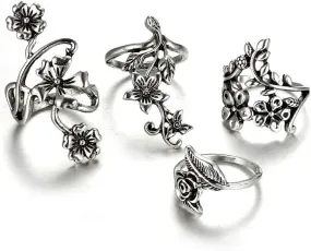 4 Pcs Women Rings Set Flower Silver Bohemian Rings For Women Adjustable Handmade Finger Ring For Women and Girls