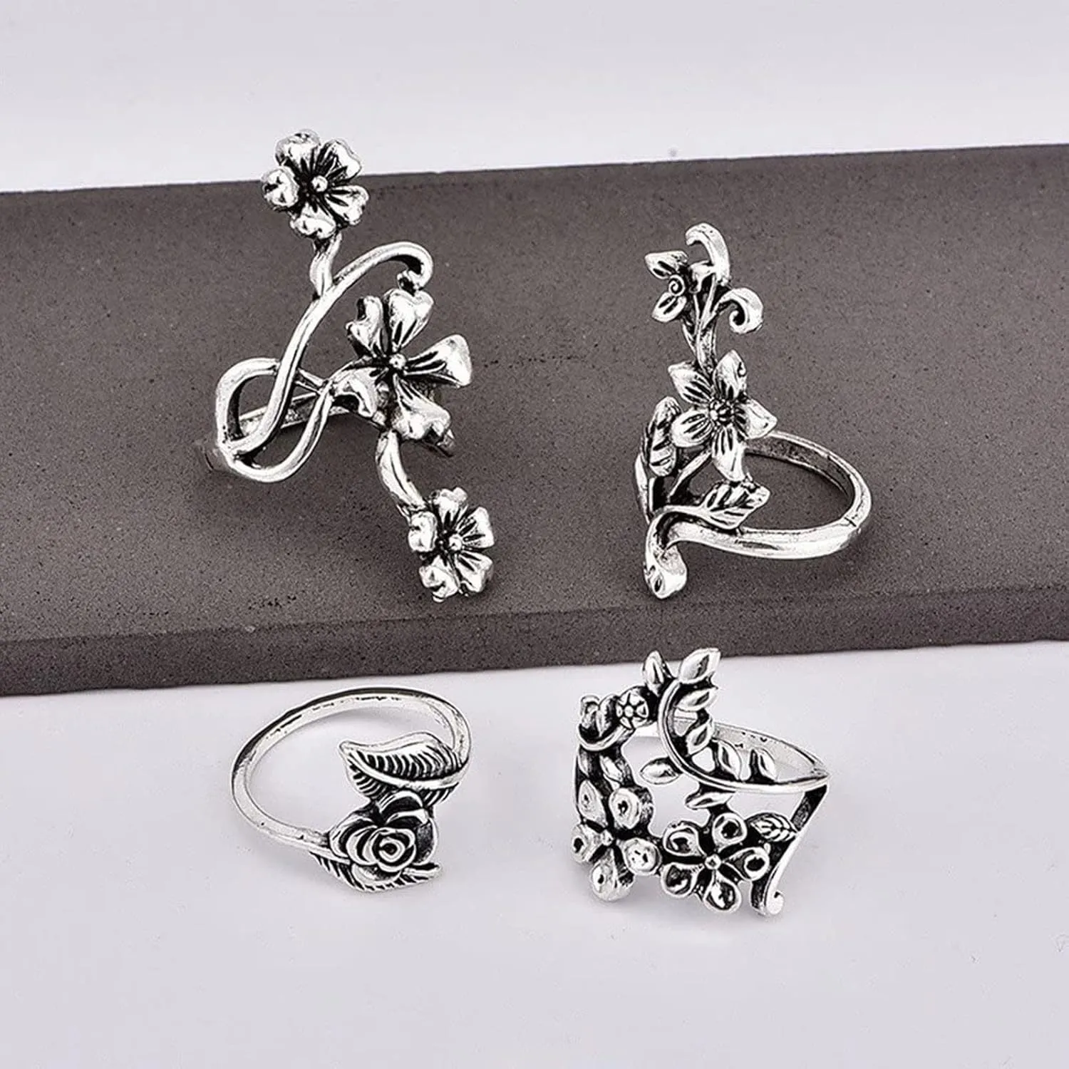 4PCS Leaf Flower Rings Set for Women Bohemian Opening Ring Vintage Ring for Teen Girls