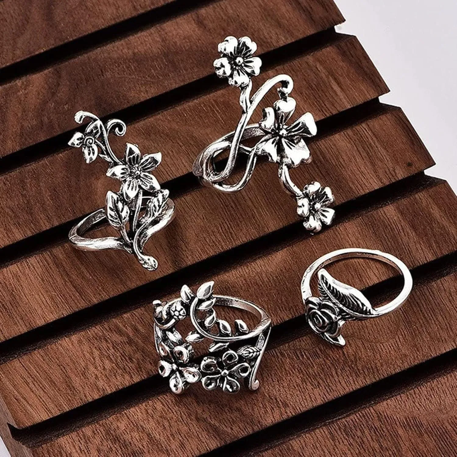 4PCS Leaf Flower Rings Set for Women Bohemian Opening Ring Vintage Ring for Teen Girls