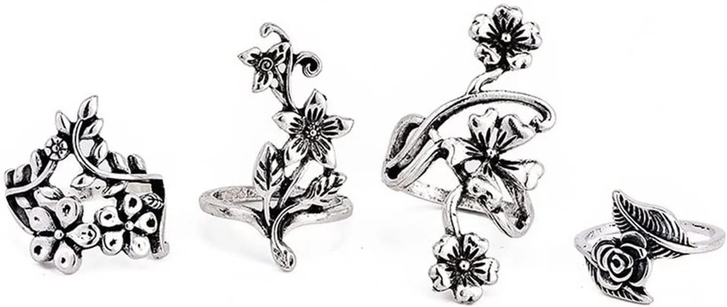 4PCS Leaf Flower Rings Set for Women Bohemian Opening Ring Vintage Ring for Teen Girls