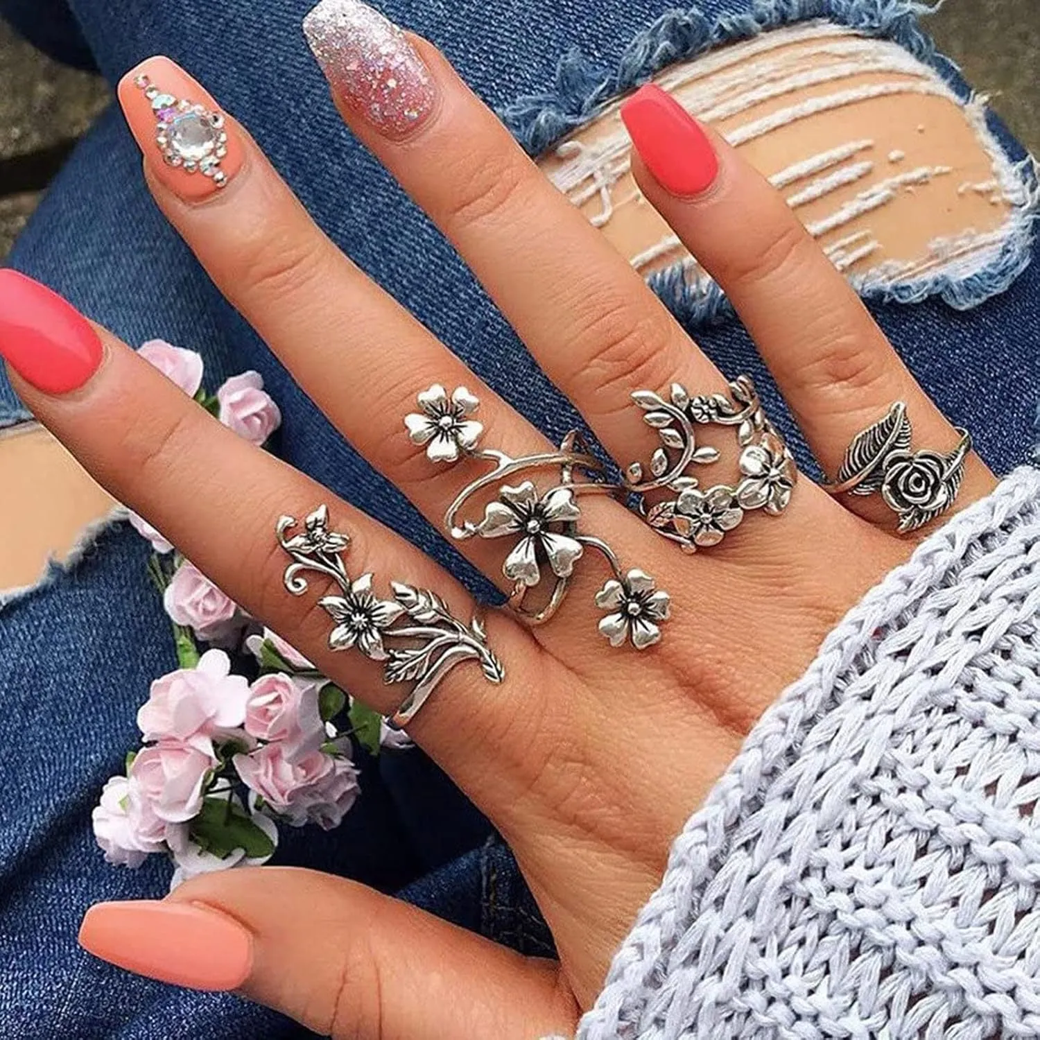4PCS Leaf Flower Rings Set for Women Bohemian Opening Ring Vintage Ring for Teen Girls