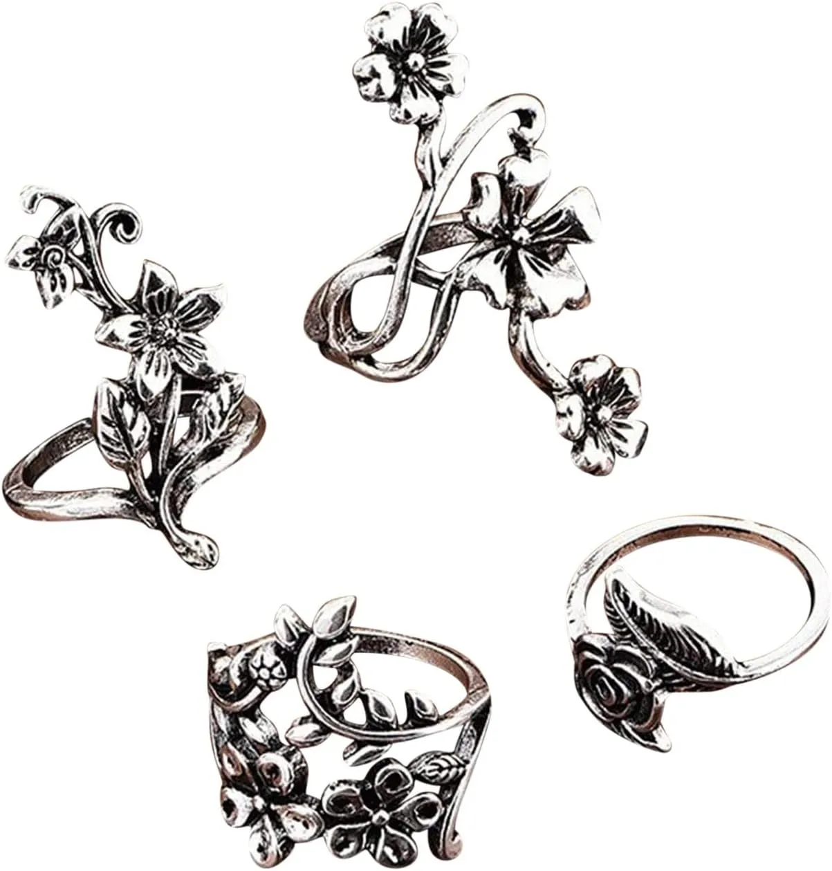 4PCS Leaf Flower Rings Set for Women Bohemian Opening Ring Vintage Ring for Teen Girls