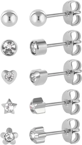 5 Pairs G23 Titanium Stud Earrings for Sensitive Ears, Heart Star Flower Round Ball Cubic Zirconia Stud Earrings Set for Women