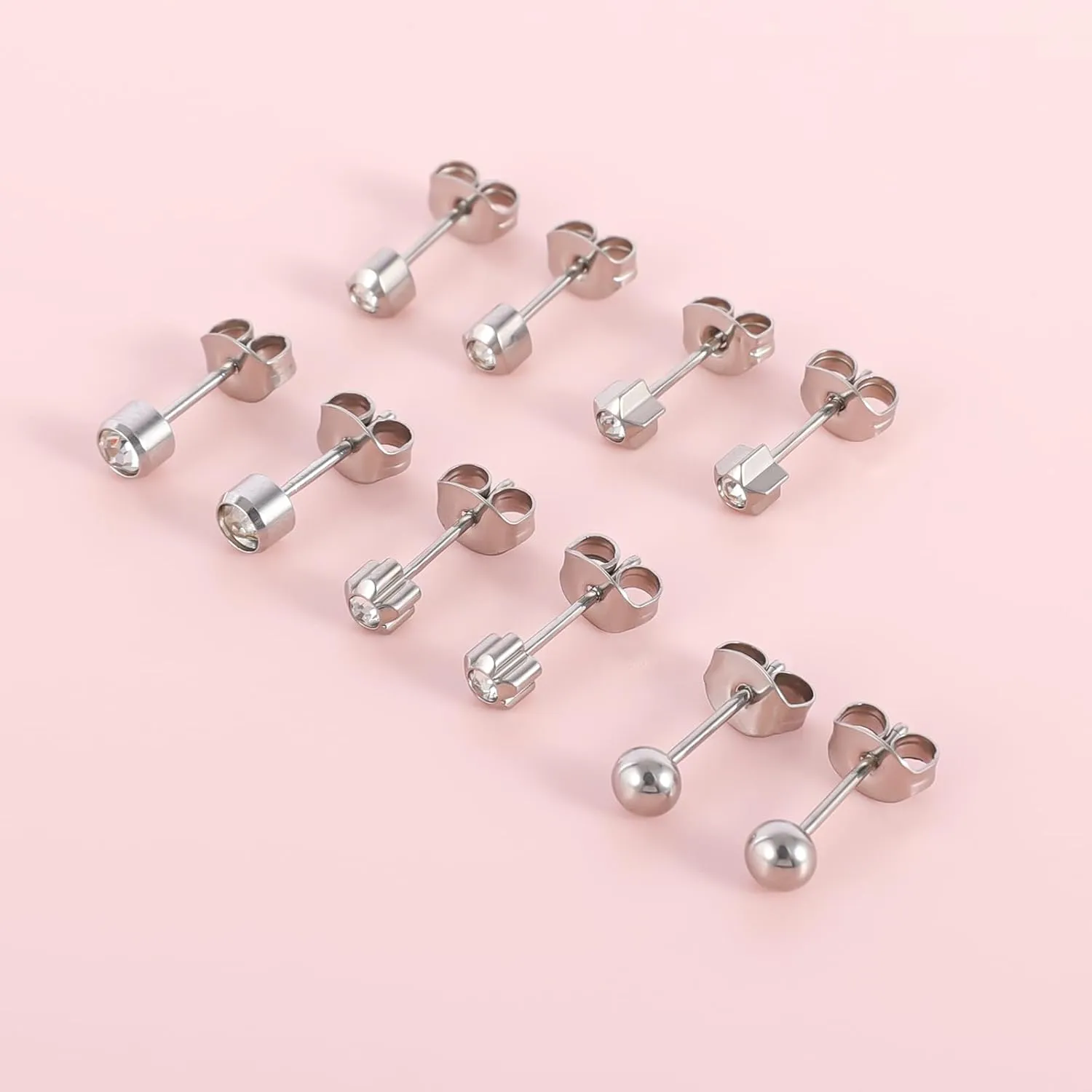 5 Pairs G23 Titanium Stud Earrings for Sensitive Ears, Heart Star Flower Round Ball Cubic Zirconia Stud Earrings Set for Women