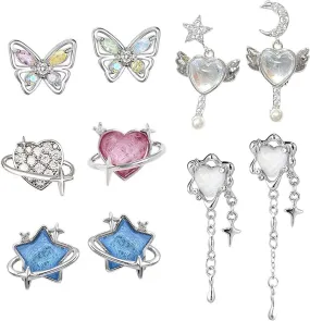 5 Pairs Y2k Earrings Pink Heart Earrings for Women Silver Earring Set Cute Space Star Stud Earrings Y2k Accessories