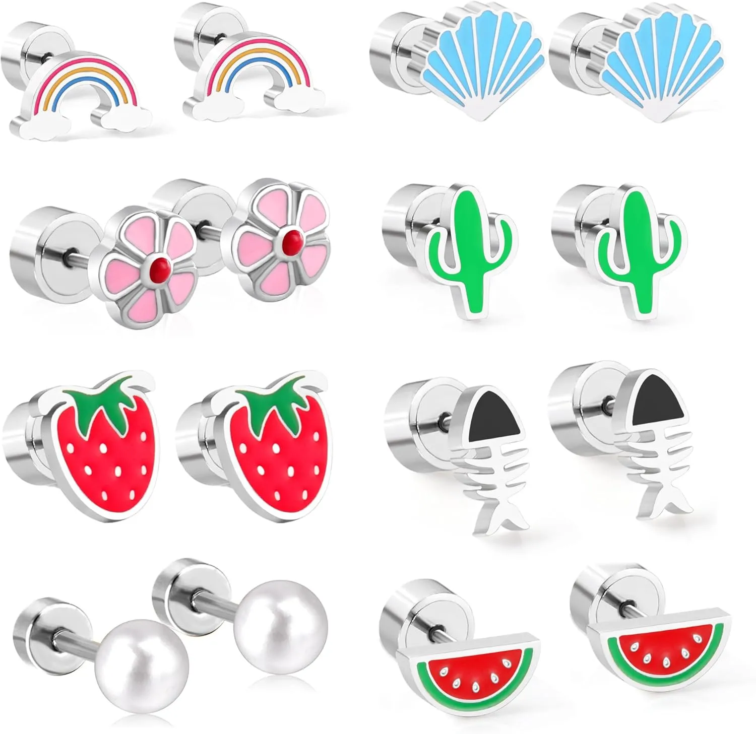 8/3 Pairs Stainless Steel Silver Cute Stud Earrings for Women Hypoallergenic Earrings Strawberry Flower Rainbow Stud Earrings Flat Back Earrings for Women Fashion Jewelry Sets