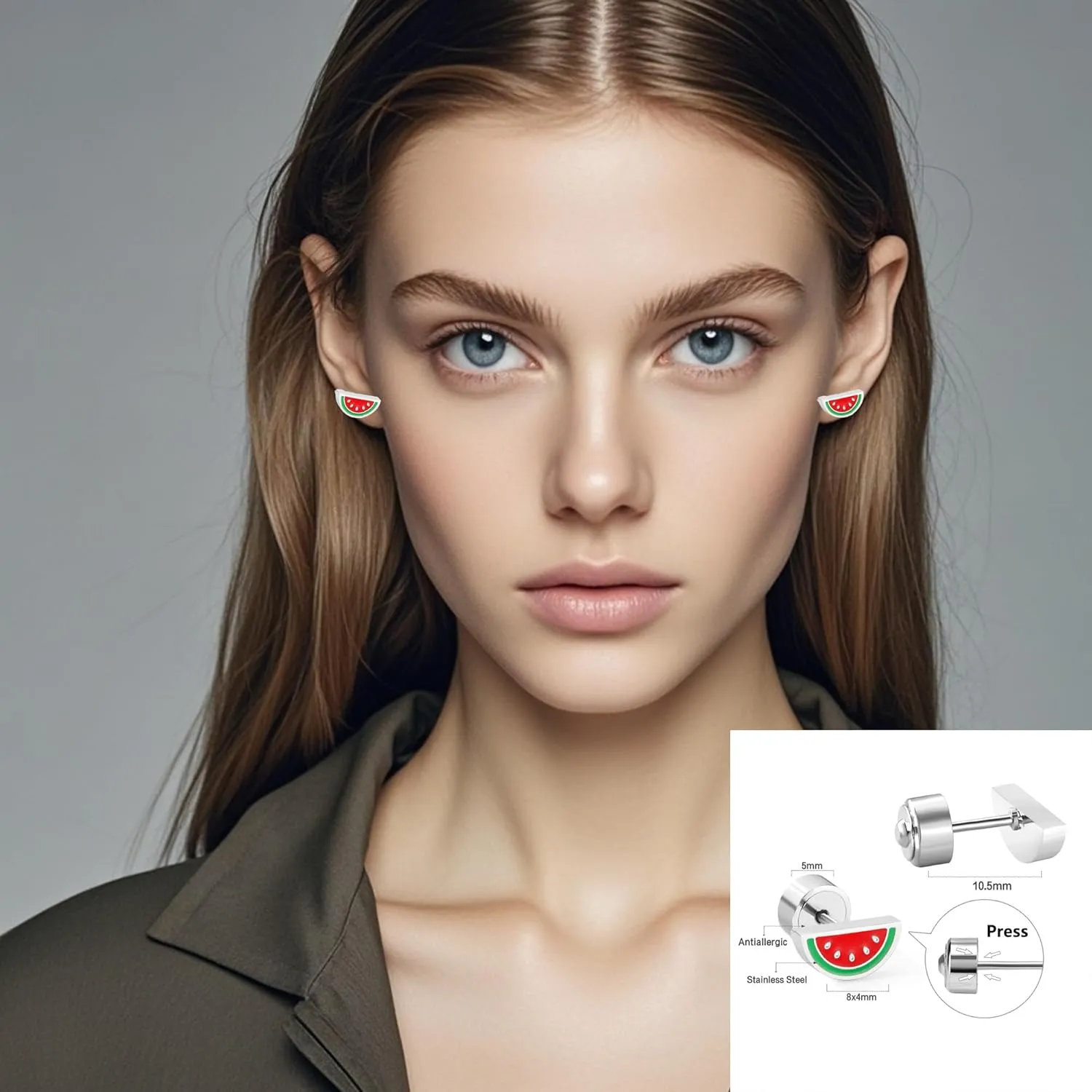 8/3 Pairs Stainless Steel Silver Cute Stud Earrings for Women Hypoallergenic Earrings Strawberry Flower Rainbow Stud Earrings Flat Back Earrings for Women Fashion Jewelry Sets