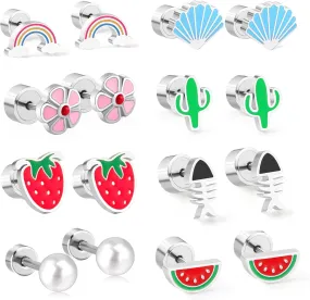 8/3 Pairs Stainless Steel Silver Cute Stud Earrings for Women Hypoallergenic Earrings Strawberry Flower Rainbow Stud Earrings Flat Back Earrings for Women Fashion Jewelry Sets