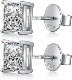 925 Sterling Silver Stud Earrings with Flat Screw Back, Round Cut/Square Cut Cubic Zirconia Hypoallergenic Stud Earrings for Women Men, Long & Thick Post, 4MM-8MM
