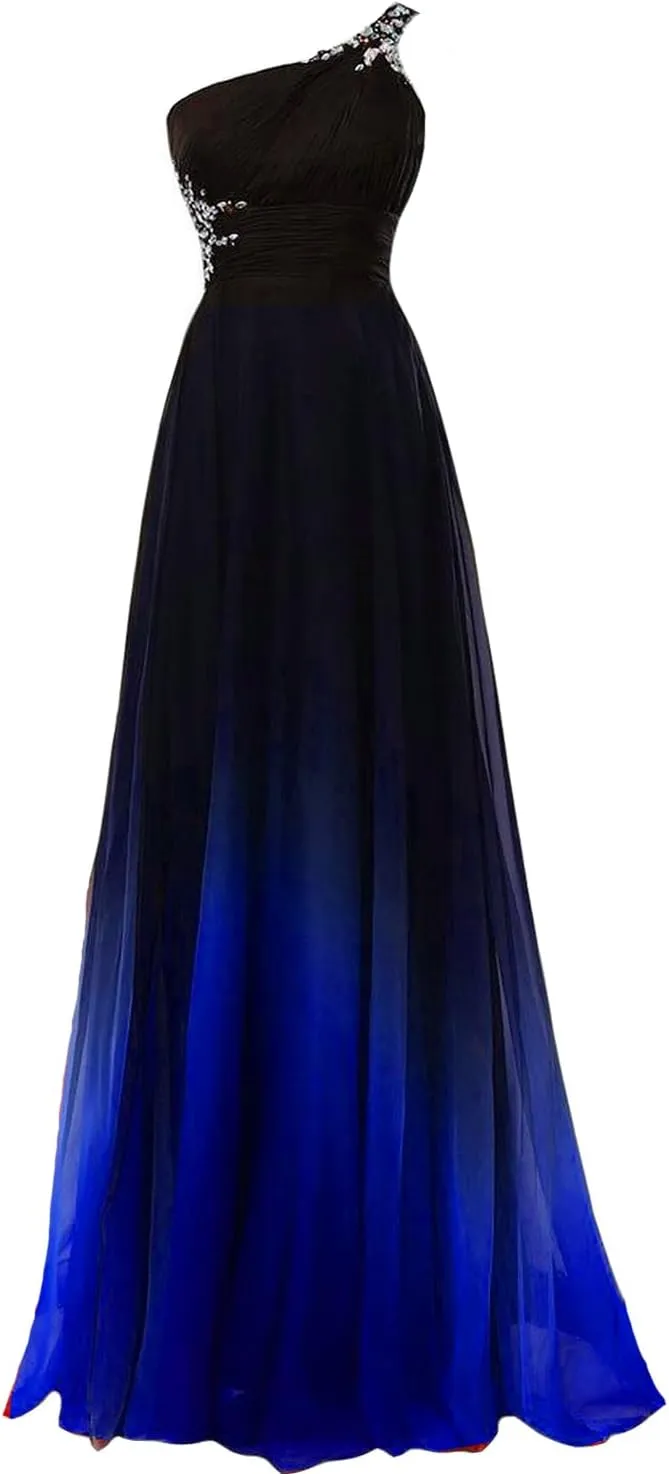 A Line Beaded One Shoulder Prom Dresses Long Formal Evening Gown Gradient Ombre Chiffon
