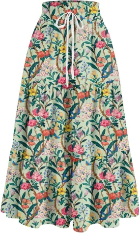 ADHOWBEW Boho Skirts for Women Flowy Cute Ruffle Midi Length Plus Size Beach A Line Casual High Waisted Trendy Spring Skirts