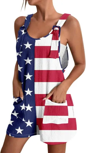 ADHOWBEW Womens 4th Of July Outfit 2025 Summer Rompers Sexy Patriotic American Flag Independence Day Short Overalls