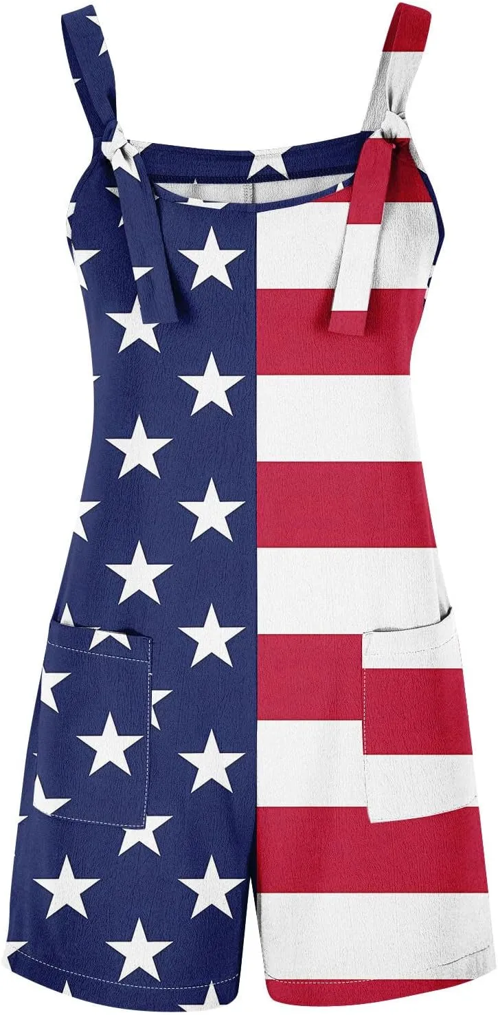 ADHOWBEW Womens 4th Of July Outfit 2025 Summer Rompers Sexy Patriotic American Flag Independence Day Short Overalls