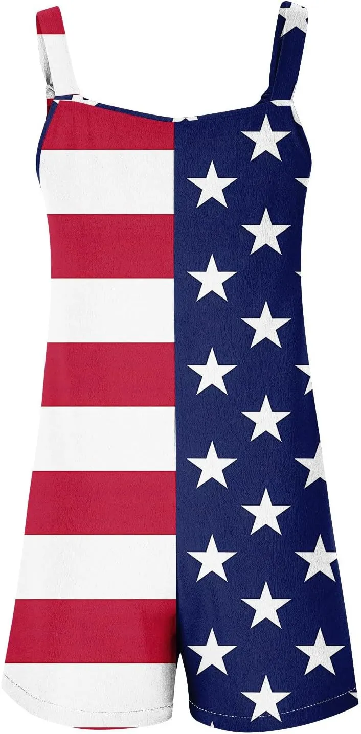 ADHOWBEW Womens 4th Of July Outfit 2025 Summer Rompers Sexy Patriotic American Flag Independence Day Short Overalls