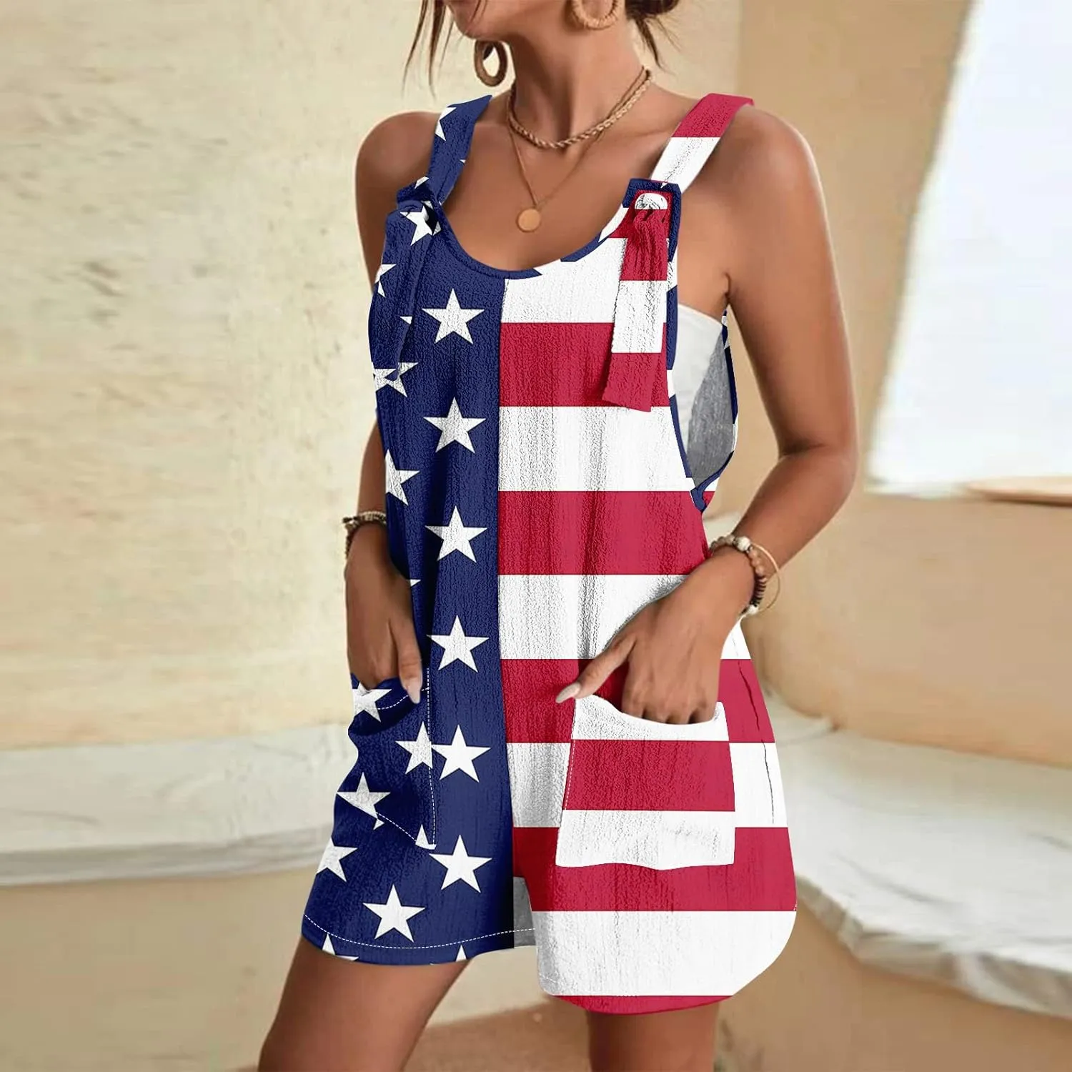 ADHOWBEW Womens 4th Of July Outfit 2025 Summer Rompers Sexy Patriotic American Flag Independence Day Short Overalls