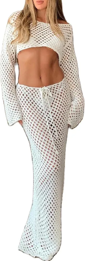 Adoeren Women Y2k Hollow Out Maxi Skirt Set Crochet Long Sleeve Tie Up Crop Top Bodycon Knitted Long Skirt 2 Piece Suits