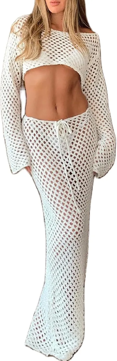 Adoeren Women Y2k Hollow Out Maxi Skirt Set Crochet Long Sleeve Tie Up Crop Top Bodycon Knitted Long Skirt 2 Piece Suits