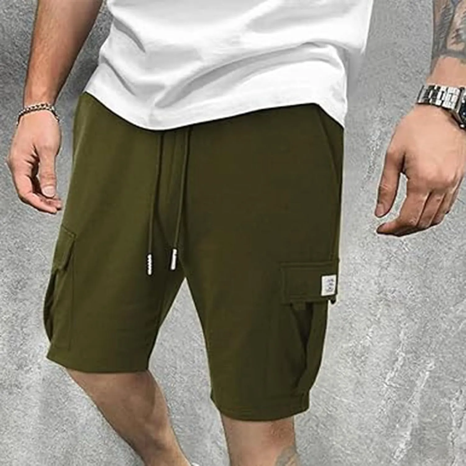 Alalaso Men's Casual Shorts Stretch Cotton Drawstring Summer Beach Stretch High Waisted Breathable Linen Shorts with Pockets