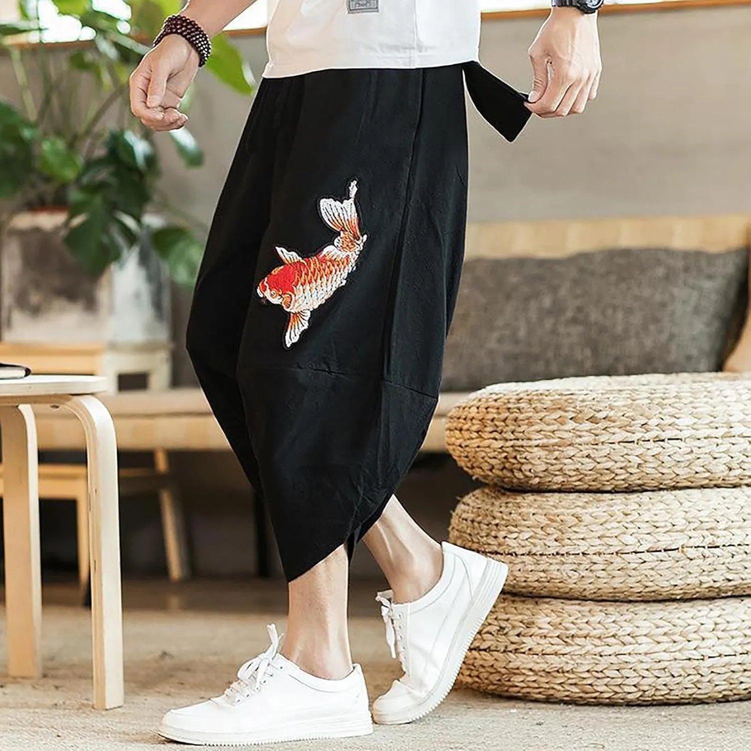 Alalaso Men's Cotton Linen Harem Pants Drawstring Casual Cropped Trousers Lightweight Loose Beach Yoga Pants with Pockets
